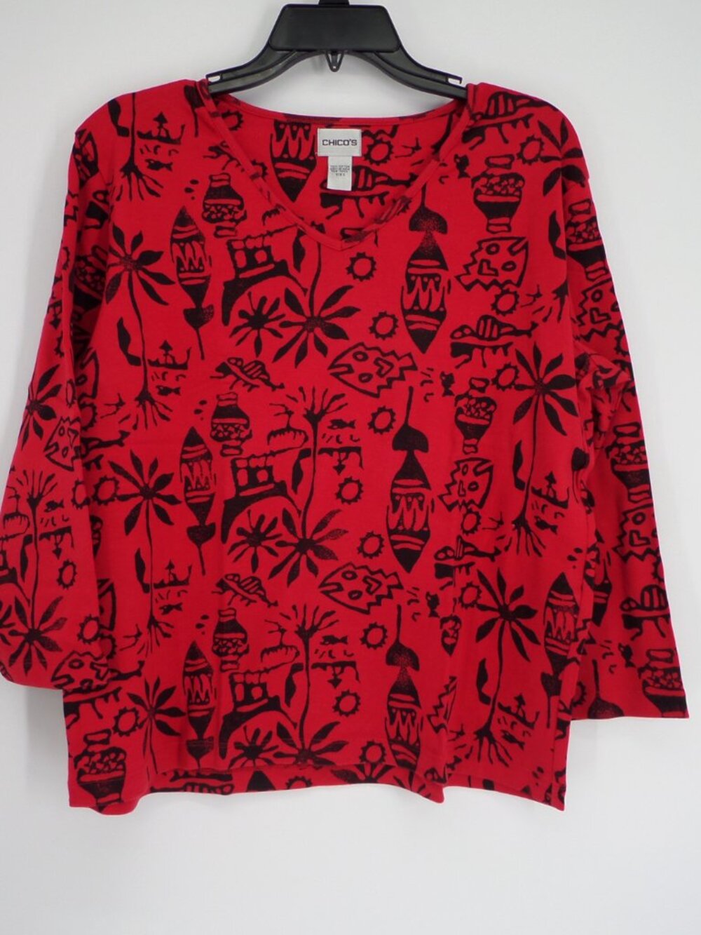 Chico's  Women's 3/4 Sleeve Red n Black Tribal Print Top  Size 3 US XL